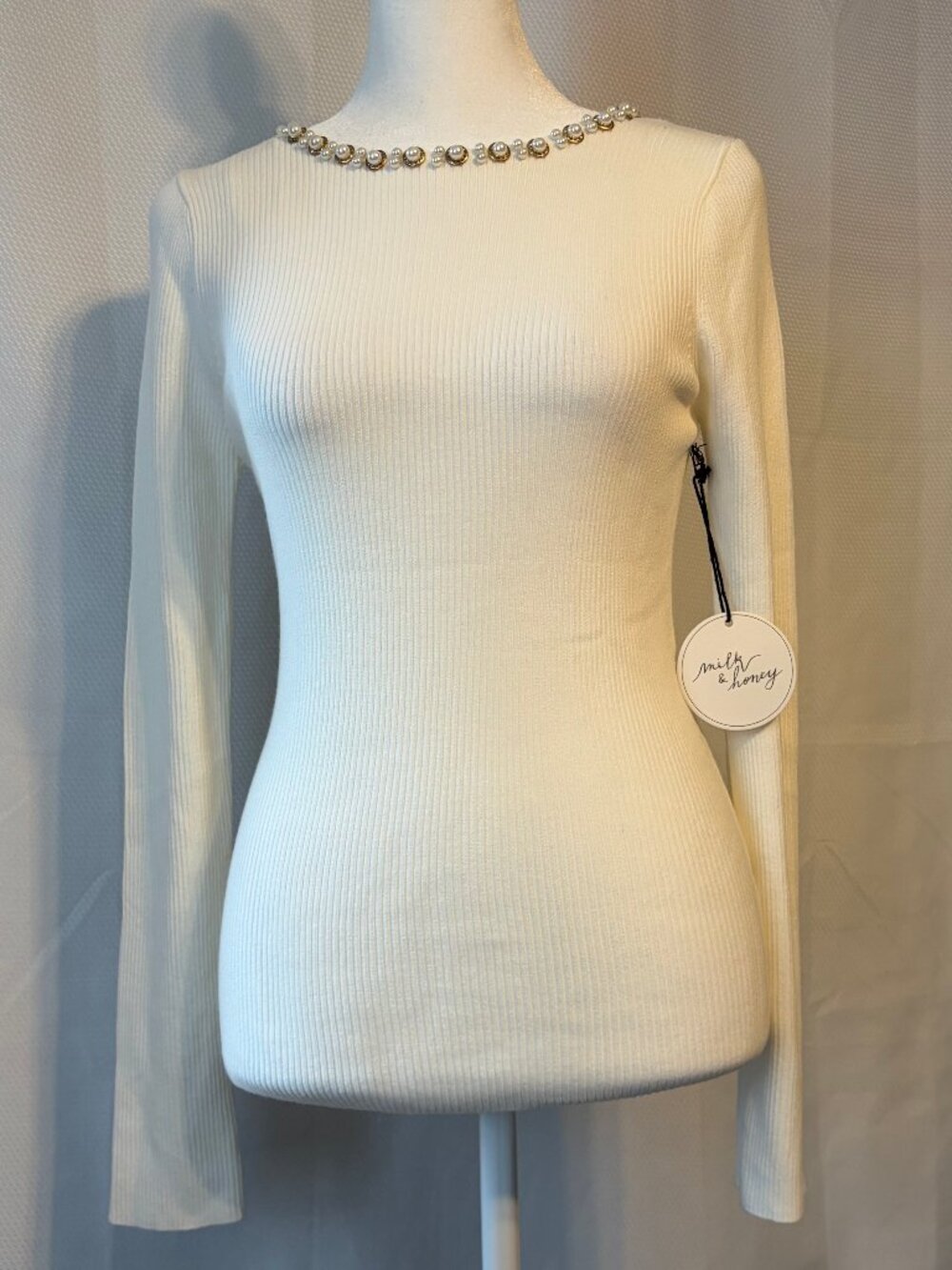 Milk & Honey Ribbed Knitwear Sweater w/Pearl Embellishments NWT